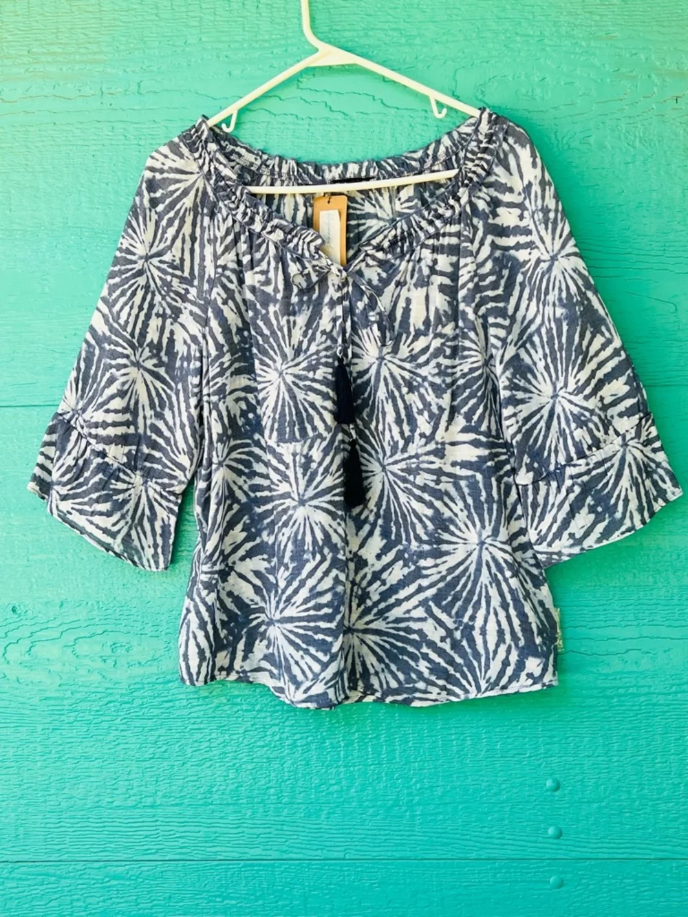 Tropical Boho Print 2-Piece Set Blouse Midi Skirt Boho Resort Large Blue White
